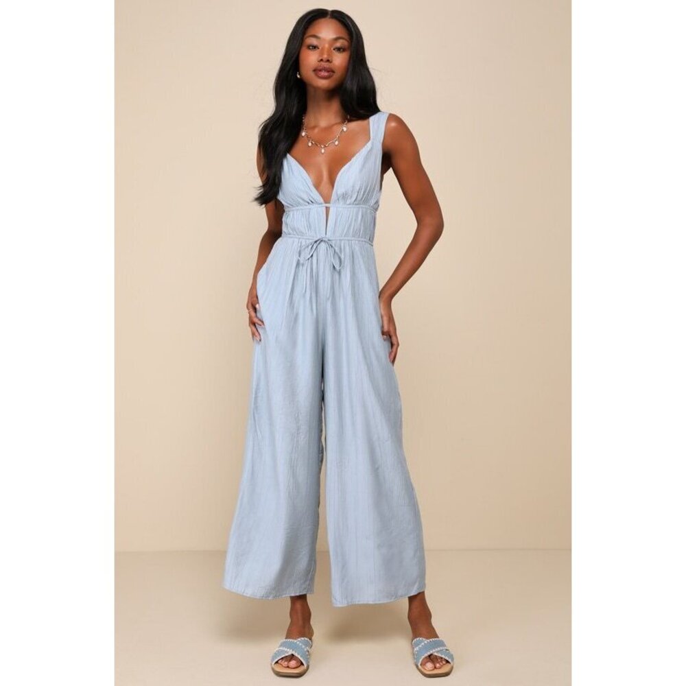 Lulus On The Dock Light Blue Crinkle Sleeveless Wide-leg Jumpsuit - Size L